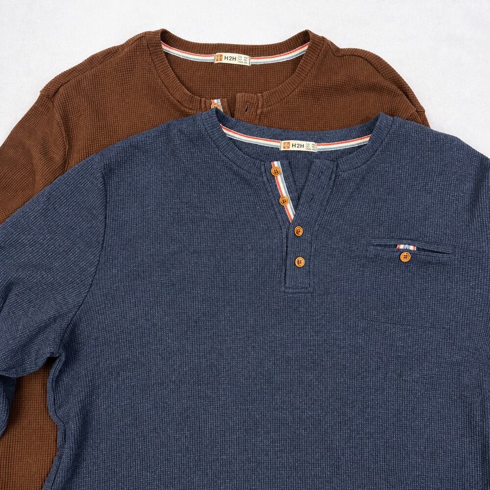 H2H Men’s 2XL Henley Shirts 2 Pack Navy Brown Waffle Knit Cotton Thermal